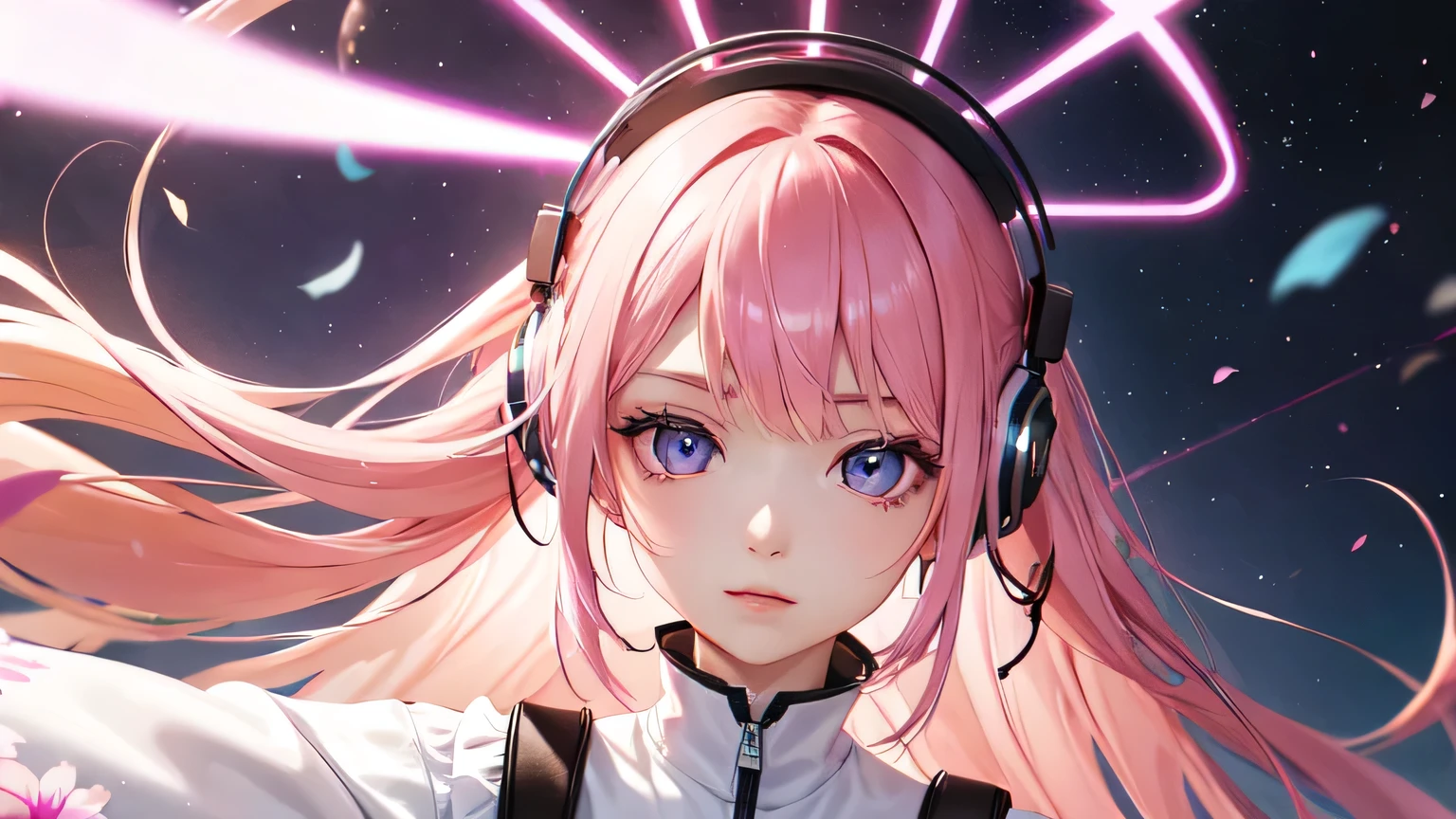 Beautiful girl with gorgeous dreamy eyes,Her hair is pink、listening to music with headphones on。I have headphones on、Pink haired characters、Exquisite floral clothing、Create social media-worthy images featuring awe-inspiring and glamorous space-themed backgrounds。The character is the center of the composition.、It should evoke a sense of fantasy and elegance。Image size is 16:Change it to 9。