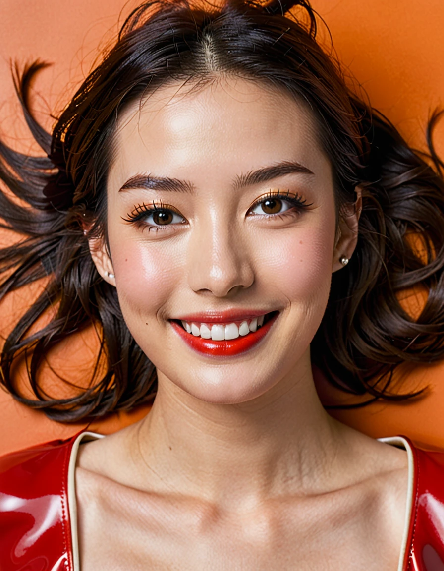bird’s eye view fashion photoshoot of a cute smiling beautiful face young japanese woman,age 21 years old, ultimate-cute face, ultimate-eyes,((Anne Hathaway mixed face:0.9)), an oscar winning actress in a red latex outfit, in the style of vintage aesthetics, candid celebrity shots, post-’70s ego generation, dark white and dark orange, body extensions, insanely detailed, film grain, Hasselblad X2D 100C + XCD 2,5/25V, F/1.8, (cinematic still:1.2), 35mm photograph, film,professional, 4k, highly detailed, perfect fingers ,Extremely Realistic, UHD,