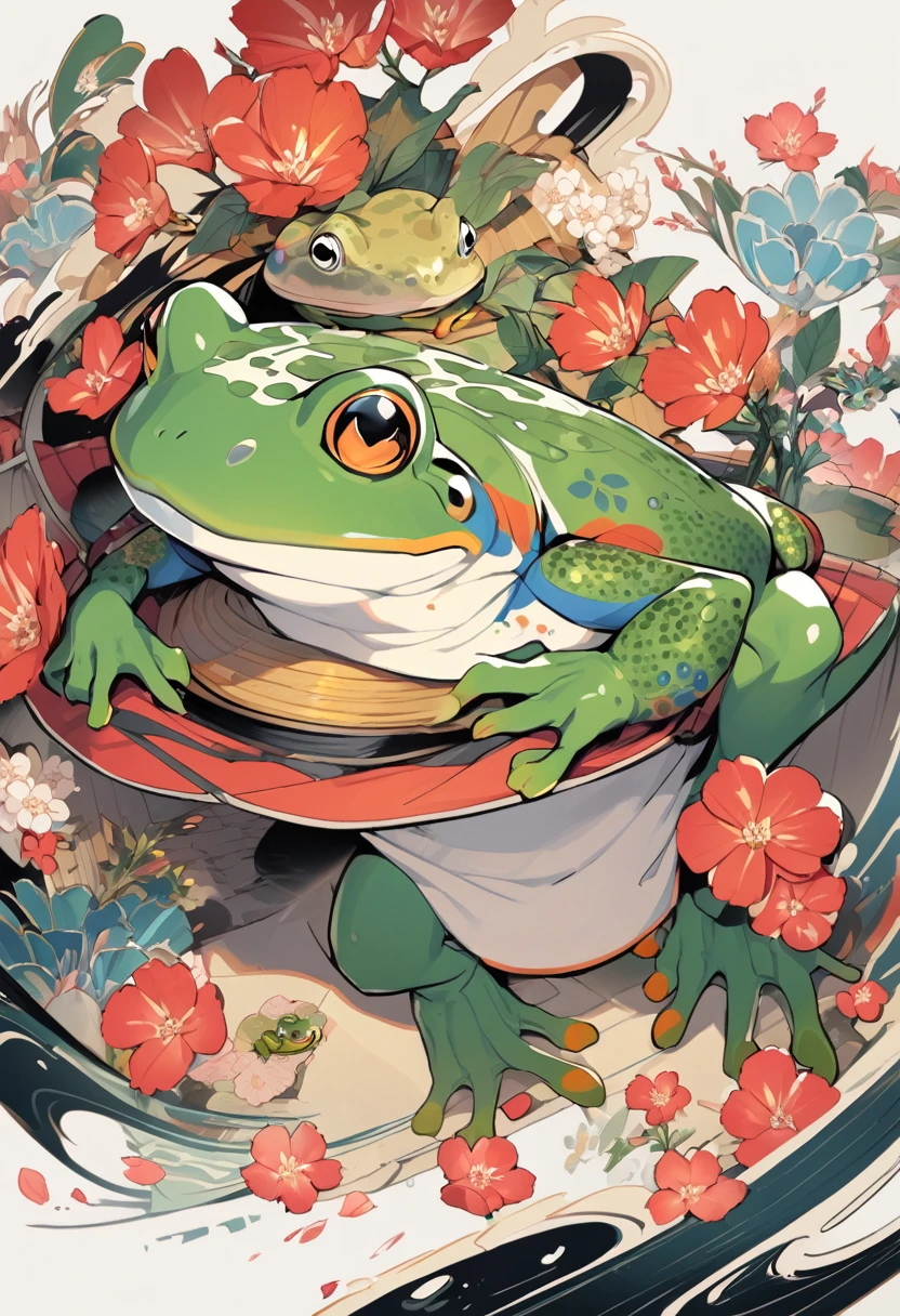 A tattoo of a frog with Japanese-style flower tattoos