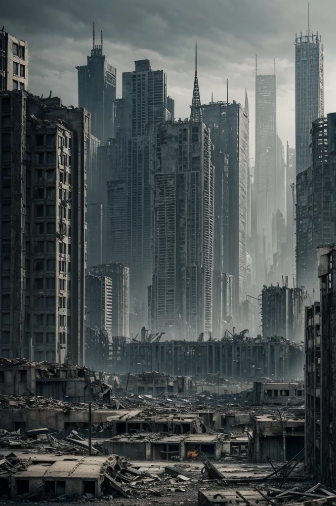 Dystopian destroyed city, with buildings in the background and grayish tones from a centralized view