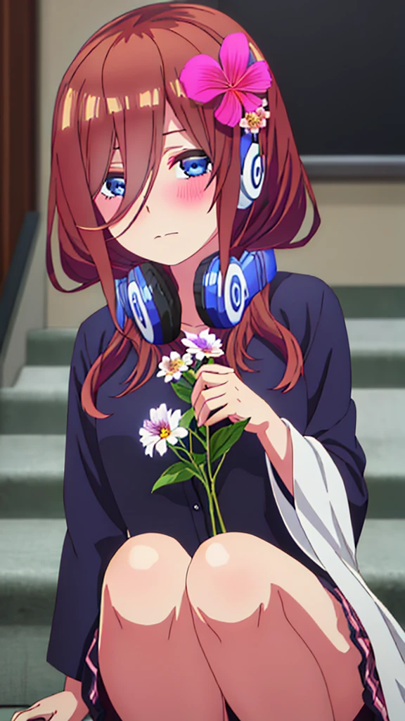 best quality, masterpiece, highres, solo, {nakano_miku_gotoubunnohanayome:1.15}, long_hair, brown_hair, bangs, hair_between_eyes, blue_eyes, headphones_around_neck, headphones, blush, closed_mouth, shiny_hair, 1girl, blurry, blurry_background, portrait, shiny, looking_at_viewer, (holding a flower viewing it to the viewer: 1.5) 