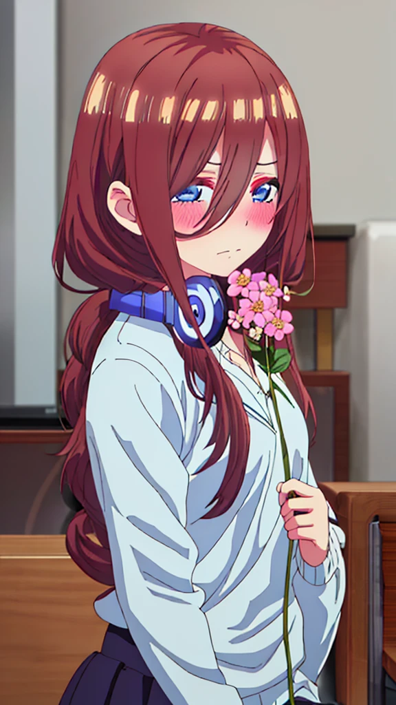 best quality, masterpiece, highres, solo, {nakano_miku_gotoubunnohanayome:1.15}, long_hair, brown_hair, bangs, hair_between_eyes, blue_eyes, headphones_around_neck, headphones, blush, closed_mouth, shiny_hair, 1girl, blurry, blurry_background, portrait, shiny, looking_at_viewer, (holding a flower viewing it to the viewer: 1.5) 