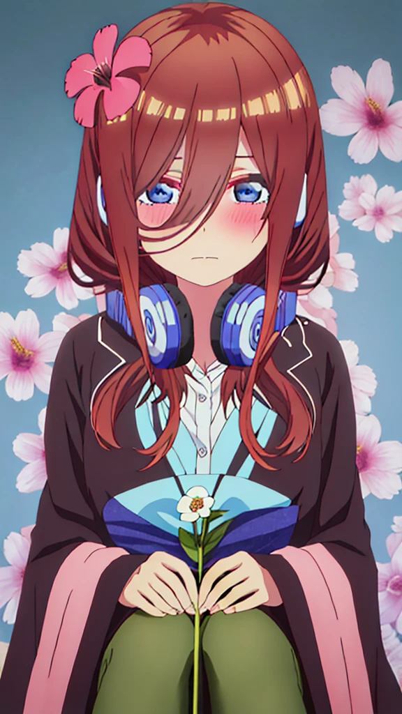 best quality, masterpiece, highres, solo, {nakano_miku_gotoubunnohanayome:1.15}, long_hair, brown_hair, bangs, hair_between_eyes, blue_eyes, headphones_around_neck, headphones, blush, closed_mouth, shiny_hair, 1girl, blurry, blurry_background, portrait, shiny, looking_at_viewer, (holding a flower viewing it to the viewer: 1.5) 