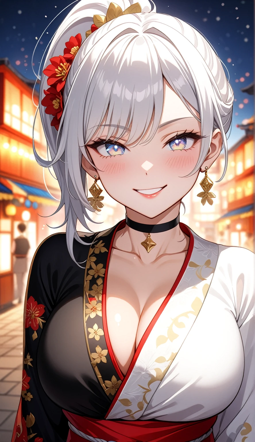 (One personの女性)), Beautiful Face, (Laughing embarrassedly), ((seductive smile:1.3)), ((Wink:2.1)), Laugh with your mouth wide open,((Bright red cheeks:1.4)),Shiny red lips, night,rooftop,Festivals, firework,Glossy red lips,Facial lighting,((Anime style background)),masterpiece, Highest quality, so beautiful,up to date, Complex details, (Pink long nails), (ring),(bracelet),(choker),AI-generated, Complex,High resolution, Highest quality, super high quality,3D Images、3D Images,One person,Long white hair in a high side ponytail,(blue eyes),  ((Fine grain、Silvery white colorful eyes、Shining Eyes:1.4)), (Squint your eyes:1.1), 写真のポーズをとるAnime Women, a hyperRealistic , hyperRealistic , Realistic,Anime Women, Smooth anime CG art, A woman in a colorful kimono with gold embroidery, (Black long sleeve kimono),  Red floral pattern,Long flower hair ornament,Earrings,Mature Body,(Big Breasts:1.1),Tall,Narrow waist,(Zoom in on face:1.3),