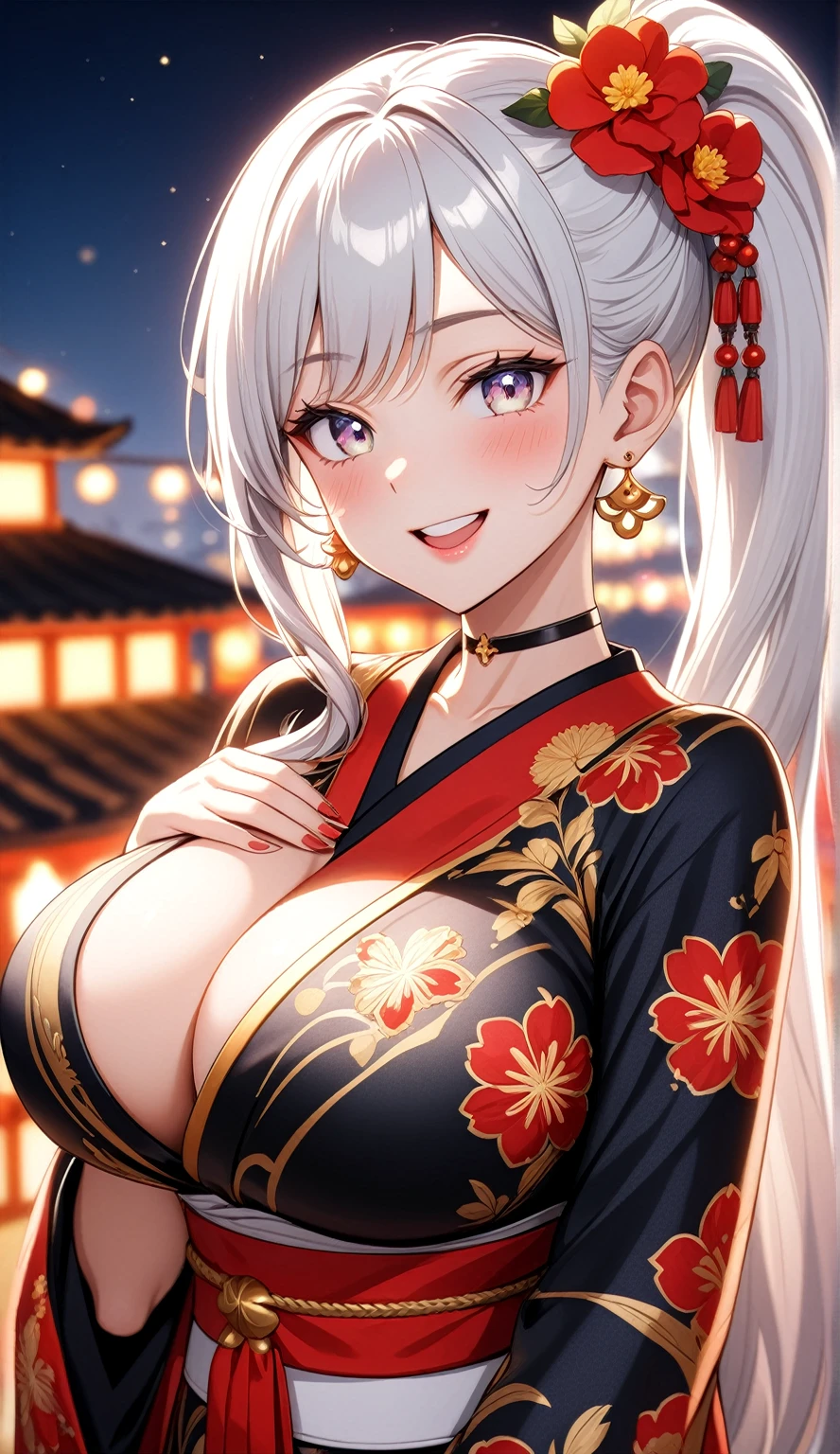 (One personの女性)), Beautiful Face, (Laughing embarrassedly), ((seductive smile:1.3)), ((Wink:2.1)), Laugh with your mouth wide open,((Bright red cheeks:1.4)),Shiny red lips, night,rooftop,Festivals, firework,Glossy red lips,Facial lighting,((Anime style background)),masterpiece, Highest quality, so beautiful,up to date, Complex details, (Pink long nails), (ring),(bracelet),(choker),AI-generated, Complex,High resolution, Highest quality, super high quality,3D Images、3D Images,One person,Long white hair in a high side ponytail,(blue eyes), ((Fine grain、Silvery white colorful eyes、Shining Eyes:1.4)), (Squint your eyes:1.1), 写真のポーズをとるAnime Women, a hyperRealistic , hyperRealistic , Realistic,Anime Women, Smooth anime CG art, A woman in a colorful kimono with gold embroidery, (Black long sleeve kimono), Red floral pattern,Long flower hair ornament,Earrings,Mature Body,(Big Breasts:1.1),Tall,Narrow waist,(Zoom in on face:1.3),