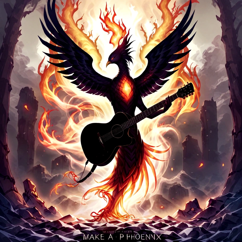 make a cover of a song, based on the phoenix, make a human boy playing the guitar and have him surrounded by the energy of the phoenix