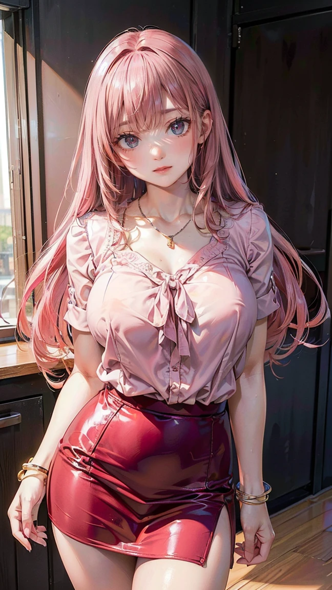 (Masterpiece, BestQuality:1.3), (ultra detailed:1.2), (hyperrealistic:1.3), (RAW photo:1.2), High detail RAW color photo, professional photograph, (Photorealistic:1.4), (realistic:1.4), (Pink Hair:1.5), professional lighting, perfect anatomy, (Big Breasts:1.2), (blush, detailed face), (cheerful Smile:1.5), Trending Hair&Trending Hairカラーをランダムに, earrings, necklace, bracelet, sexly, erotic sexly, Random sexy gravure poses, (A sexy beauty wearing a red tight skirt and blouse、Seriously working in the office、Straight long hair、Concentrated expression、Standing in front of a desk。:1.3)