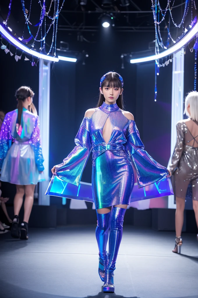 Augmented Reality and Holograms Augmented Reality(midair)and holographic fashion。midairグラスを通じて見える仮想衣装や、Dress design changes with holographic projection。Floating accessories and decorations。The background is the Paris Fashion Week runway。