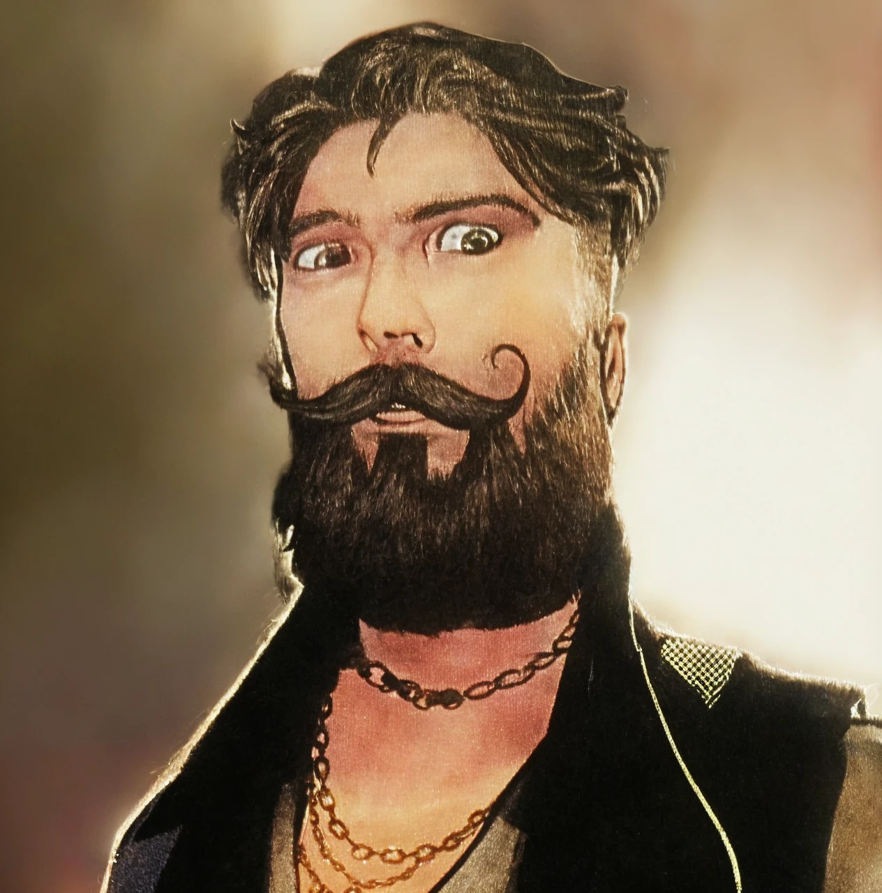 metal rocker man, hair faded sides, quiff, brown hair, big beard, handlebar moustache, brown eyes, chains necklace 