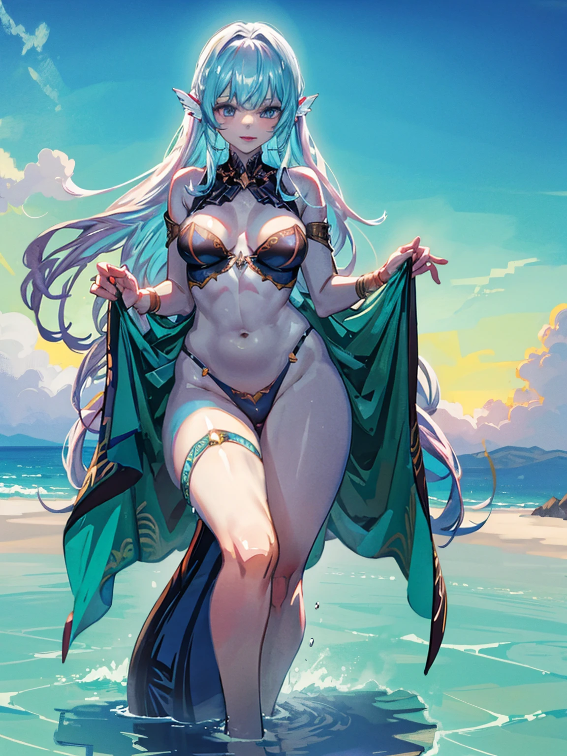 Neridia, a mermaid transformed into a 55 meter giant, emerges from the waters at sunset, her iridescent blue skin glowing in the light of the setting sun. Her long silver hair falls wet over her shoulders and back.. Naked and splendid, standing on a lonely beach, her posture is graceful and tempting, with one leg forward and one hand playing with his wet hair, while the other caresses her hip. His eyes, full of mystery and desire, They look at the tiny humans at their feet, fascinated by its aquatic beauty. Her full lips curve into a suggestive smile and her perfectly sculpted body exudes an aura of marine eroticism., enveloping everyone present in a spell of submission and uncontrollable desire.