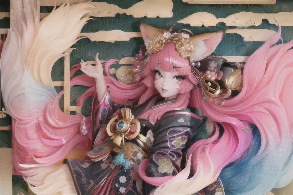 scg, 1girl, (anime:1.3), absurdly long hair, fox ears, fox tail, facepaint, makeup,
kimono, japanese clothes, pink kimono
(best quality:1.05), (masterpiece:1.1025), (highres:1.05), (an extremely delicate and beautiful:1.05), original, extremely detailed wallpaper,1girl