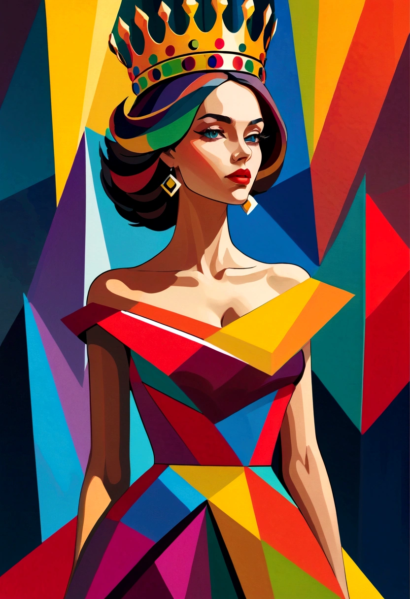 beautiful young queen in cubist style, elegant dress, crown, angular geometric shapes, vibrant colors, dynamic composition, high contrast, sharp edges, fragmented perspective, abstract distortion, masterpiece, studio lighting,professional,vivid colors