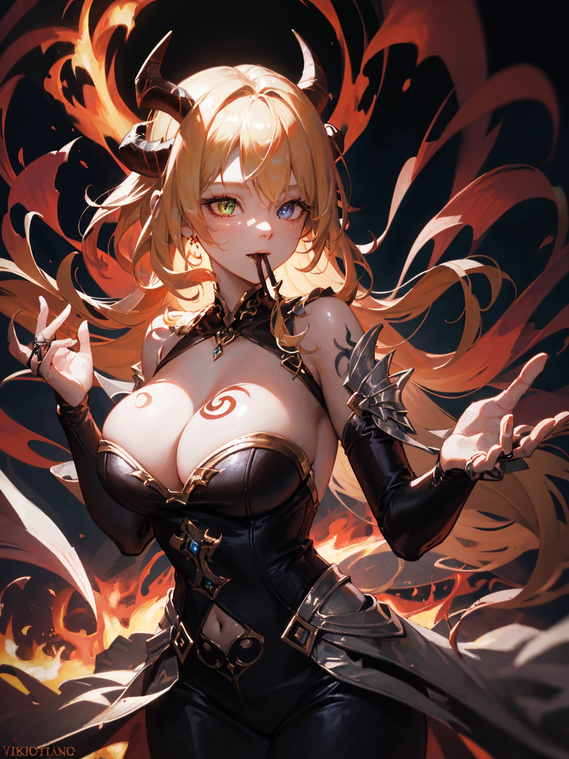 An outstanding painting of a beautiful white girl, flaming, surrounded by flames, burning hell, lava landscape, ashes, souls, demonic, diablo altar, fire girl style, the underworld, ghost knife style, fire-like hair, long red hair, (hair over one eye), (heterochromia), tatoo, huge tatoo, mouth wide open, one hand on mouth, burning dress, fire-like clothes, hell queen, demonic theme, large breasts, (demon horns:1.3), Ultra HD, 8K, close-up head, facing camera, realistic digital painting portrait of a female human, 3r1nm0r1art72, cute smile, (wavy hair:1.1), (blonde hair:1.3), magical yellow universe, (abstract, background:1.2), (light particle:1.1), (very detailed skin:1.2), (game concept:1.3), (elden ring style:1.3), (arcane style:0.8), (depth of field:1.3), global illumination, art by hoang lap and fuji hoko and artgerm and greg rutkowski and viktoria gavrilenko