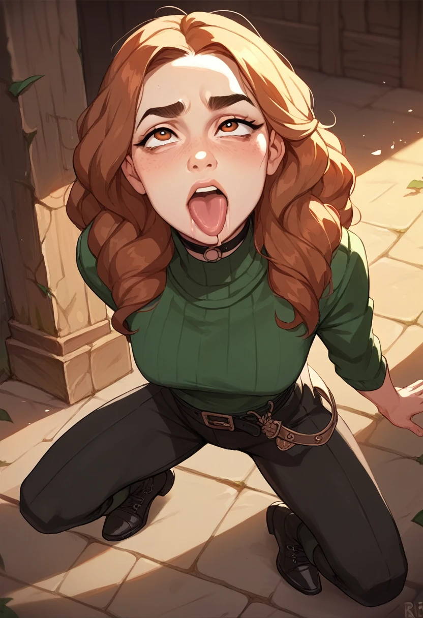 Young Hermione from Hogwarts, With a rude look,wearing a sexy black turtleneck,black skinny leggings, High Black Shoes, black belt on the waist,black choker around the neck, Poses passionately rolling her eyes and sticking out her tongue,Drooling, located at Hogwarts