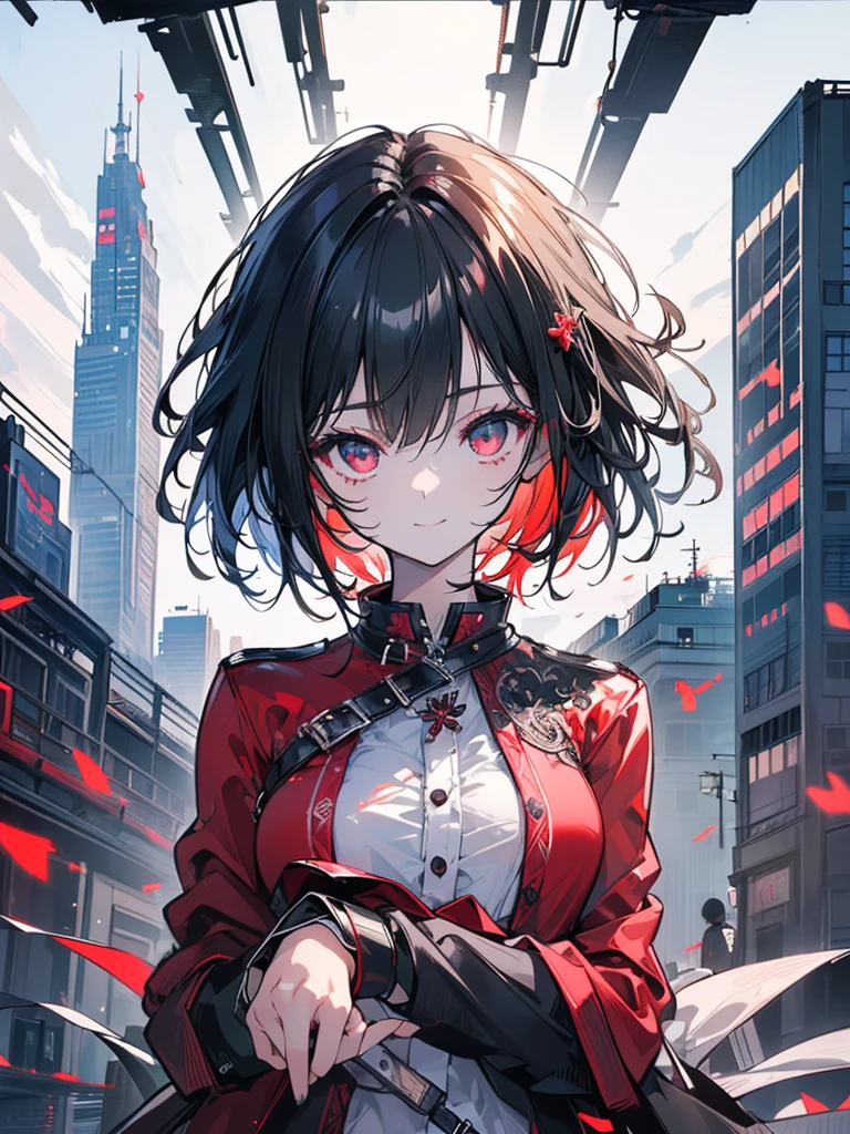 (masterpiece, highest quality, highest quality, (No text), Beautiful and aesthetic:1.2),No text,アニメ、 high resolution　BREAK,One Girl，Short black hair　Tree Eyes　Beautiful eyes　Red eyes　Cool girl　cool　smile　Red and black coat　mini skirt　Whole body　Detailed eyes and face　Night in the city