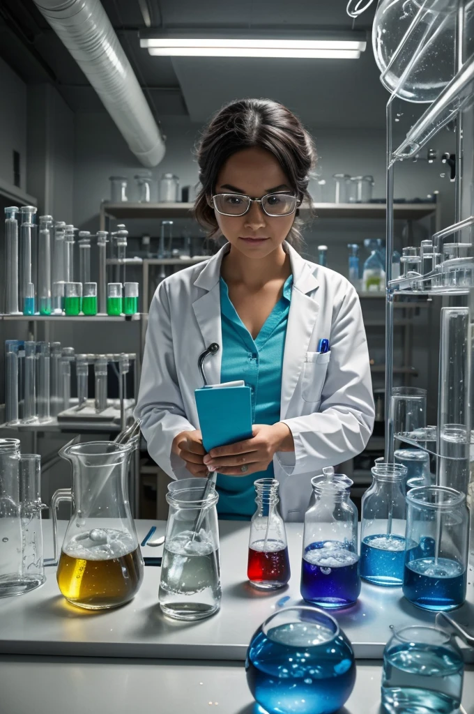 Hey there! I can totally imagine the scene for you. Picture a scientist in a lab coat, surrounded by bubbling beakers, colorful test tubes, and intricate equipment. There's a microscope on the table, and the scientist is focused, jotting down notes in a notebook. It's like a scene from a science movie! 🧪🔬
