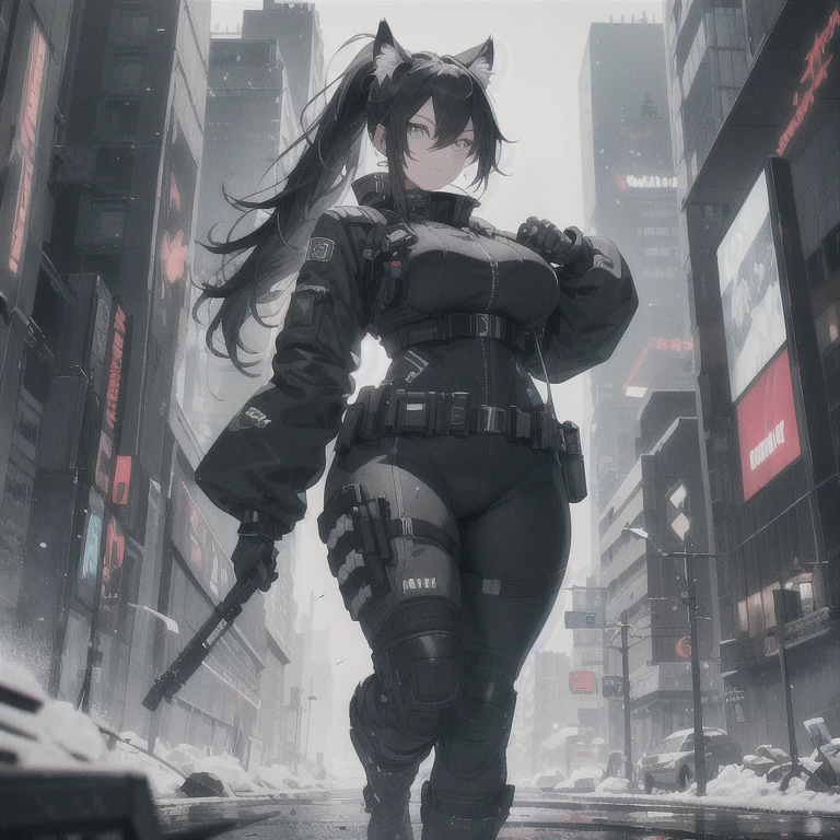 Absurd resolution, high resolution, (masterpiece: 1.4), hyper-detail, full body shot, solo, 1 kemono feline cat woman, black hair, messy ponytail, cute face, detailed soft grey eyes, extremely large bust, huge hyper super breasts, wide full hips, narrower torso, smaller torso, full thicc soft thighs, rounded full soft butt, monochrome black and grey fullbody covering protective padding pilot rugged utility suit with white chest, scifi padded rugged high collar techwear jacket with white and black triangular decals and techwear iconography, techwear gloves, arm mounted strapped display scifi tablet/communication device/computer, rugged tablet display mounted on MOLLE strap on top of her bust, fitted utility pants, near future scifi, cyberpunk aesthetic, anime aesthetic