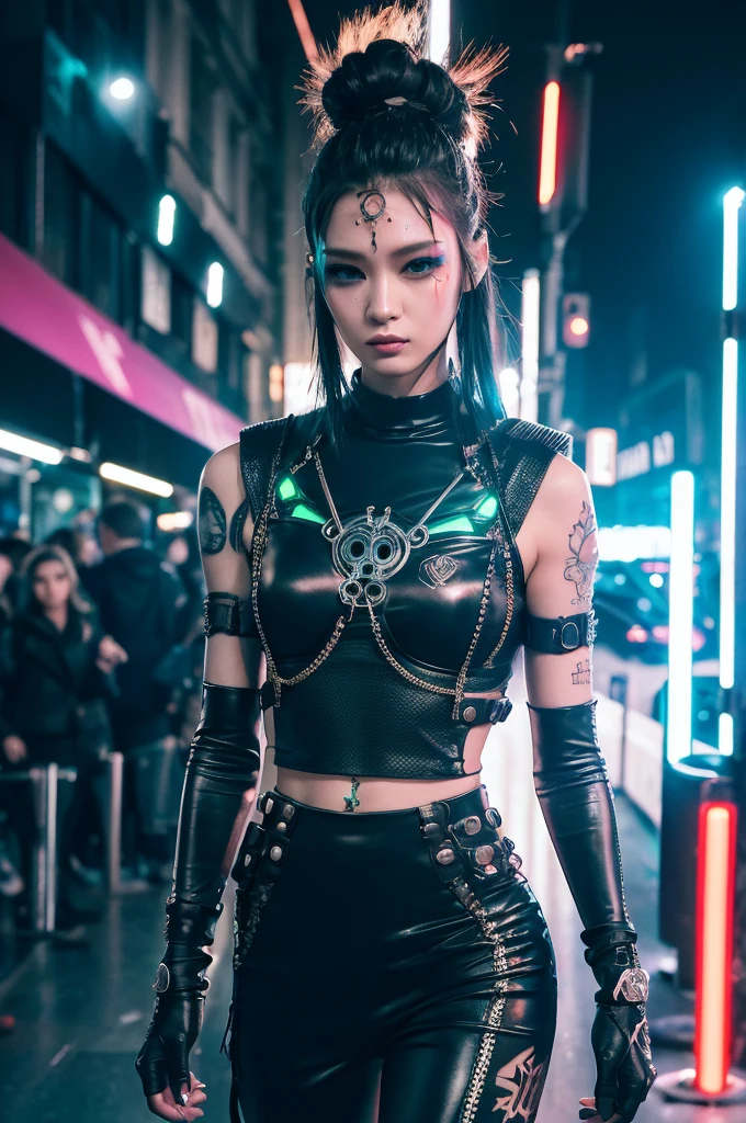 Cyberpunk Inspired Futuristic fashion with a cyberpunk aesthetic。Neon color、Metal decoration、Clothing that incorporates technology。Luminous tattoos and implant accessories。The background is the Paris Fashion Week runway。