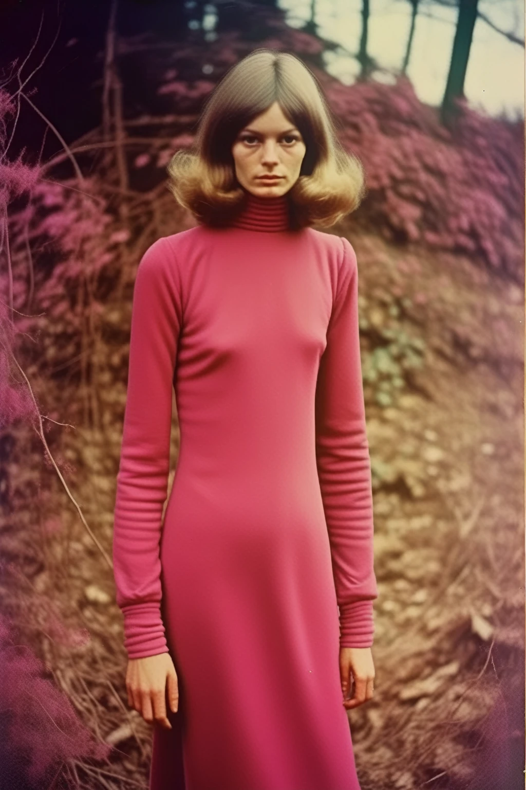 Marianna Rothen Style - vintage postcard. Analogue film. Kodachrome. Woman bent slightly forward wearing dark pink 1970s long sleeve dressFull body is shown head to toe