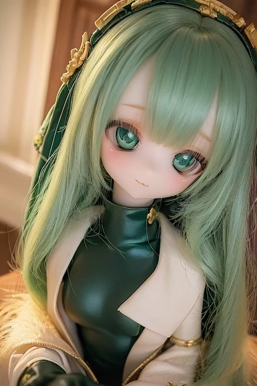 ((highest quality)), ((masterpiece)), (extremely detailed), kukolnydom, doll, mature woman, solo, eye level shot, sitting on desk, green eyes, (looking down, blank eyes:1.3), light smile, dress, castle, 8k