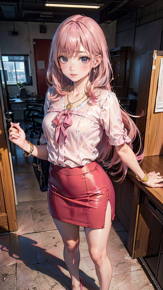 (Masterpiece, BestQuality:1.3), (ultra detailed:1.2), (hyperrealistic:1.3), (RAW photo:1.2), High detail RAW color photo, professional photograph, (Photorealistic:1.4), (realistic:1.4), (Pink Hair:1.5), professional lighting, perfect anatomy, (Small Breasts:1.2), (blush, detailed face), (cheerful Smile:1.5), Trending Hair&Trending Hairカラーをランダムに, earrings, necklace, bracelet, sely, erotic sexy, Random sexy gravure poses, (A sexy beauty wearing a red tight skirt and blouse、Seriously working in the office、Straight long hair、full body, Concentrated expression、Standing in front of a desk。:1.3)