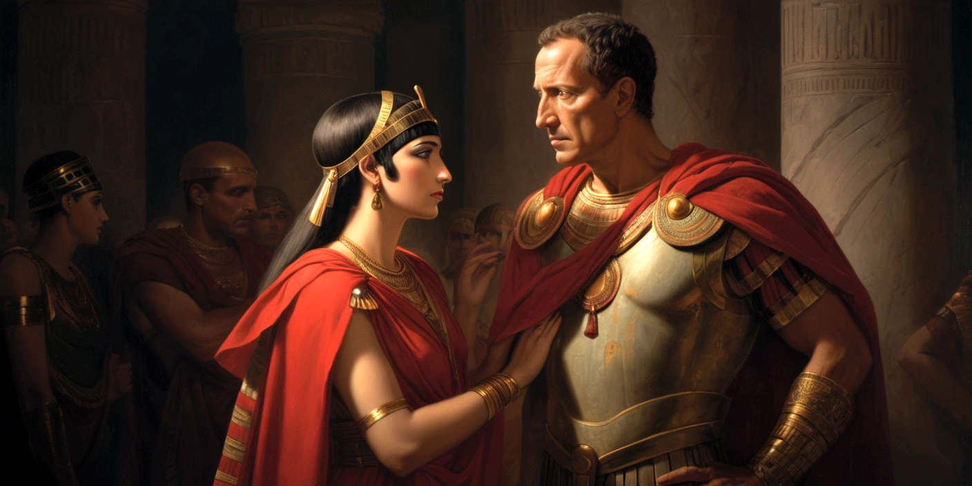Renaissance painting of Cleopatra and Julius Caesar, side by side, Cleopatra is powerless and does not bow down to any man, Julio Caesar looks like a bearded man, wearing his red cape, Cleopatra exudes beauty with her iconic clothes and jewelry.