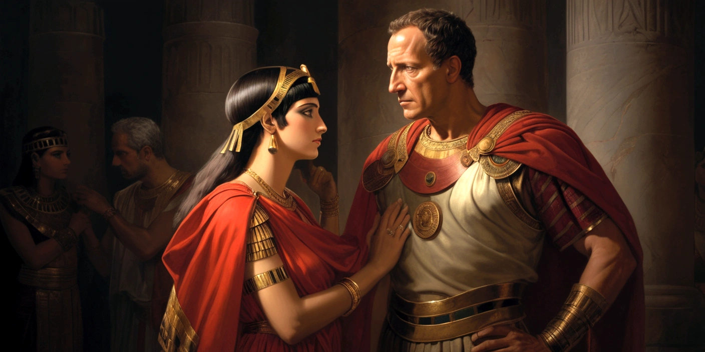 Renaissance painting of Cleopatra and Julius Caesar, side by side, Cleopatra is powerless and does not bow down to any man, Julio Caesar looks like a bearded man, wearing his red cape, Cleopatra exudes beauty with her iconic clothes and jewelry.