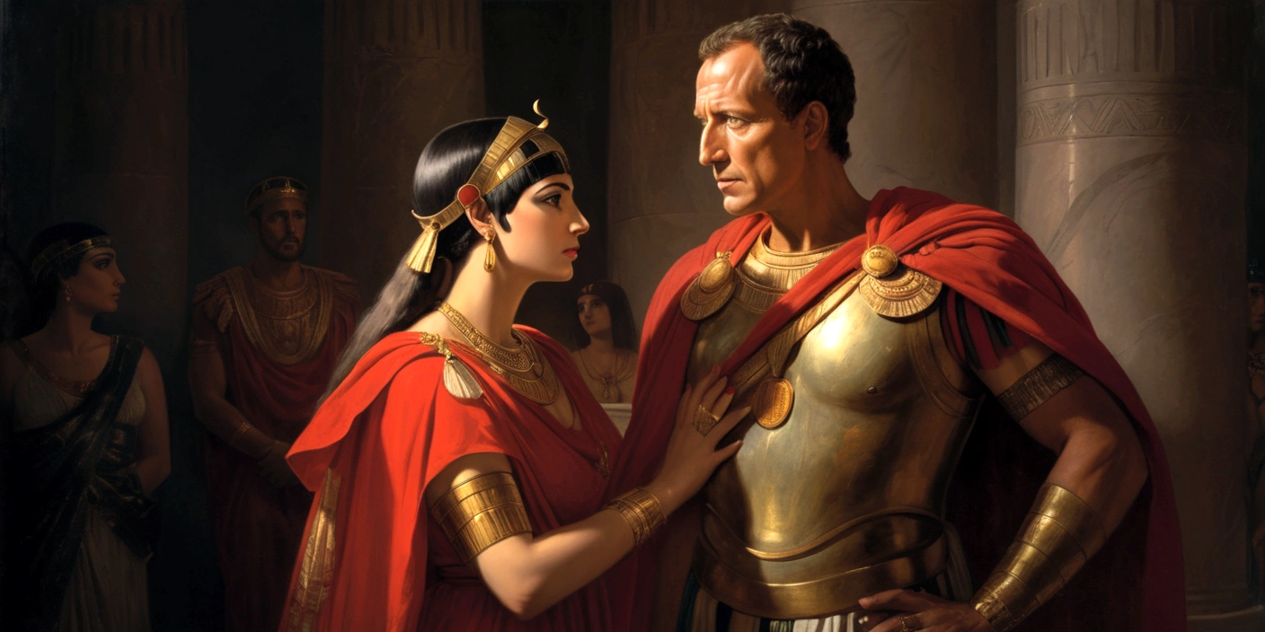 Renaissance painting of Cleopatra and Julius Caesar, side by side, Cleopatra is powerless and does not bow down to any man, Julio Caesar looks like a bearded man, wearing his red cape, Cleopatra exudes beauty with her iconic clothes and jewelry.