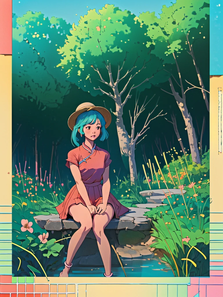 A little girl in a straw hat，Relaxing outdoors next to a basket full of watermelons。She is wearing a red top and blue shorts，Holding a piece of plump watermelon in the right hand，Getting ready to enjoy this sweet summer taste。Surrounded by lush greenery，Reflect the blue sky，Create a peaceful summer atmosphere。The whole picture is full of childishness and vitality，Let people feel the coolness and comfort of summer。Chinese traditional colors,China has 24 solar terms；Exquisite game illustration style with a plum tree in the upper right corner,Big Tree,Flowers,exuberant；The background is light green,The stars sparkle,Captures the dreamy atmosphere of a fairytale world,Soft pastel shades,Light yellow-green color scheme,Reminiscent of Hayao Miyazaki&#39;s style,high resolution