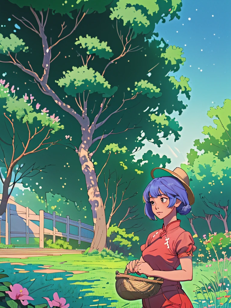 A in a straw hat,Relaxing outdoors next to a basket full of watermelons。She is wearing a red top and blue shorts,Holding a piece of plump watermelon in the right hand,Getting ready to enjoy this sweet summer taste。Surrounded by lush greenery,Reflect the blue sky,Create a peaceful summer atmosphere。The whole picture is full of childishness and vitality,Let people feel the coolness and comfort of summer。Chinese traditional colors,China has 24 solar terms;Exquisite game illustration style with a plum tree in the upper right corner,Big Tree,Flowers,exuberant;The background is light green,The stars sparkle,Captures the dreamy atmosphere of a fairytale world,Soft pastel shades,Light yellow-green color scheme,Reminiscent of Hayao Miyazaki's style,high resolution