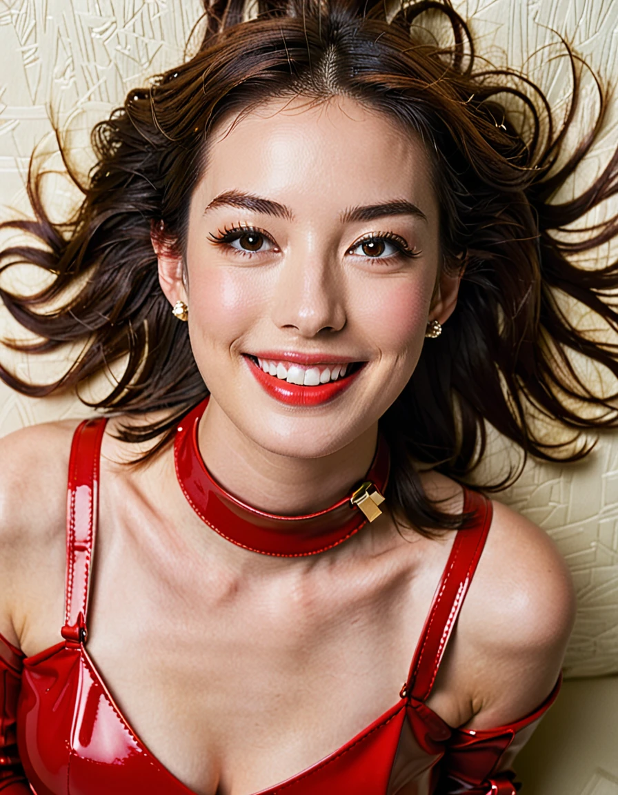 bird’s eye view fashion photoshoot of a cute smiling beautiful face young japanese woman,age 21 years old,((Anne Hathaway mixed face:0.9)), an oscar winning actress in a red latex outfit, in the style of vintage aesthetics, candid celebrity shots, post-’70s ego generation, dark white and dark orange, body extensions, insanely detailed, film grain, Hasselblad X2D 100C + XCD 2,5/25V, F/1.8, (cinematic still:1.2), 35mm photograph, film,professional, 4k, highly detailed, perfect fingers ,Extremely Realistic, UHD,