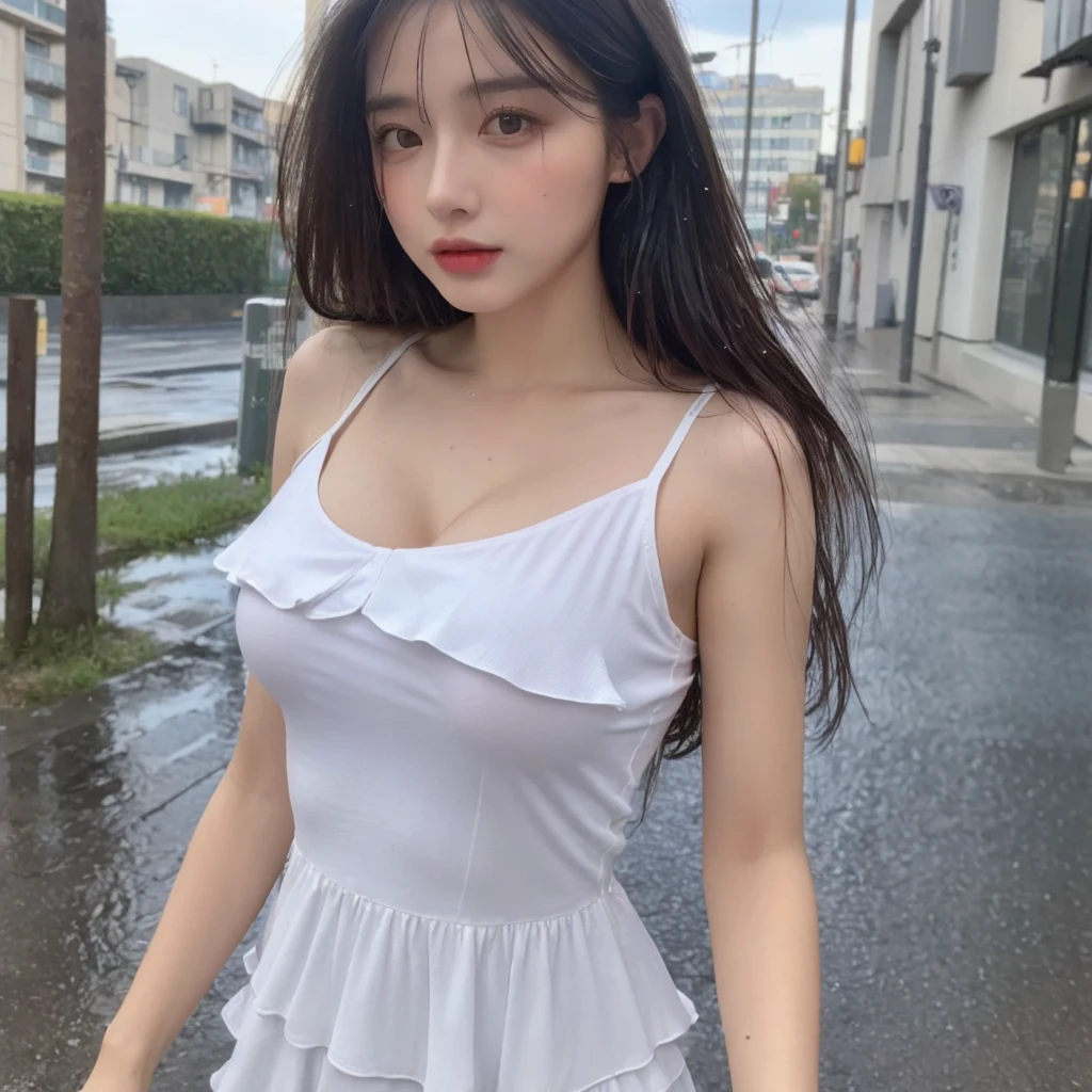 ((best quality, 8K, masterpiece:1.3)), Key Points: 1.2, Perfect body beauty: 1.4, Hips: 1.2, ((Layered Hairstyle, breast: 1.2)), (Wet clothes: 1.1) , (rain, street:1.3), Tube Top Dress: 1.1, Highly detailed face and skin textures, Exquisite eyes, Double eyelids, Skin Whitening, Long hair