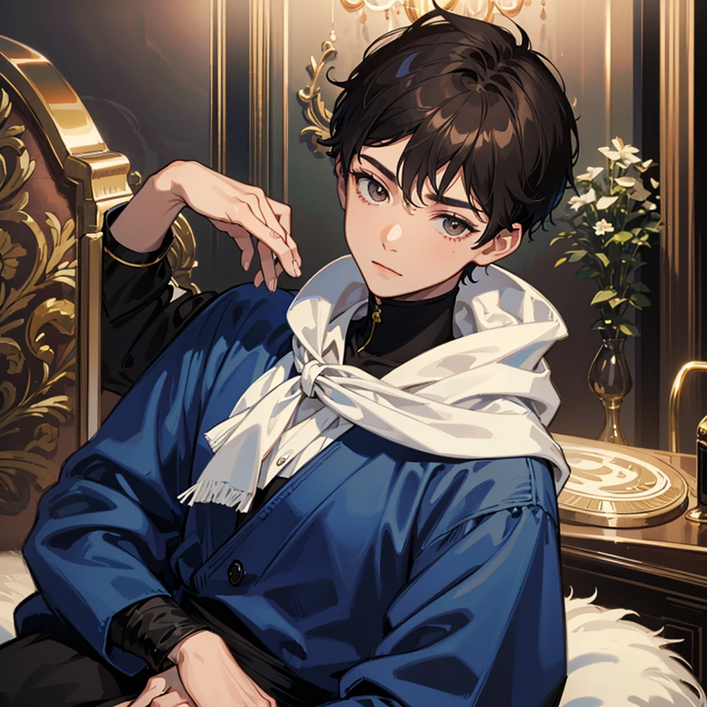 A boy man short hair , black and blue color with royal brown eyes