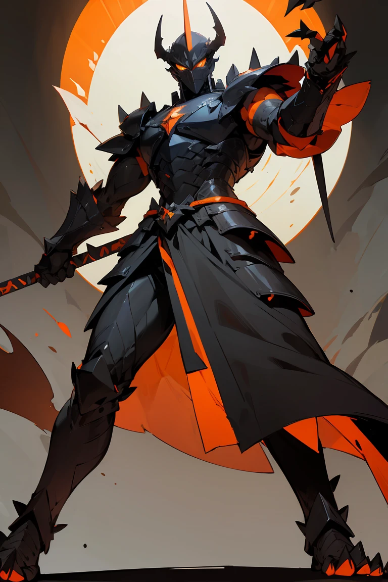 Original Kaiju armor form of a human, sharp, obsidian-like plates that overlap like armor, Elongated and somewhat reptilian head, with a pronounced crest of jagged obsidian spikes running from the forehead to the back of the neck. Four glowing, amber eyes are set deep in the skulls, arms with massive claws and blades, feet have three large, taloned toes, A long, whip-like tail ending in a mace-like cluster of obsidian spike, orange lines and aura in between armor.