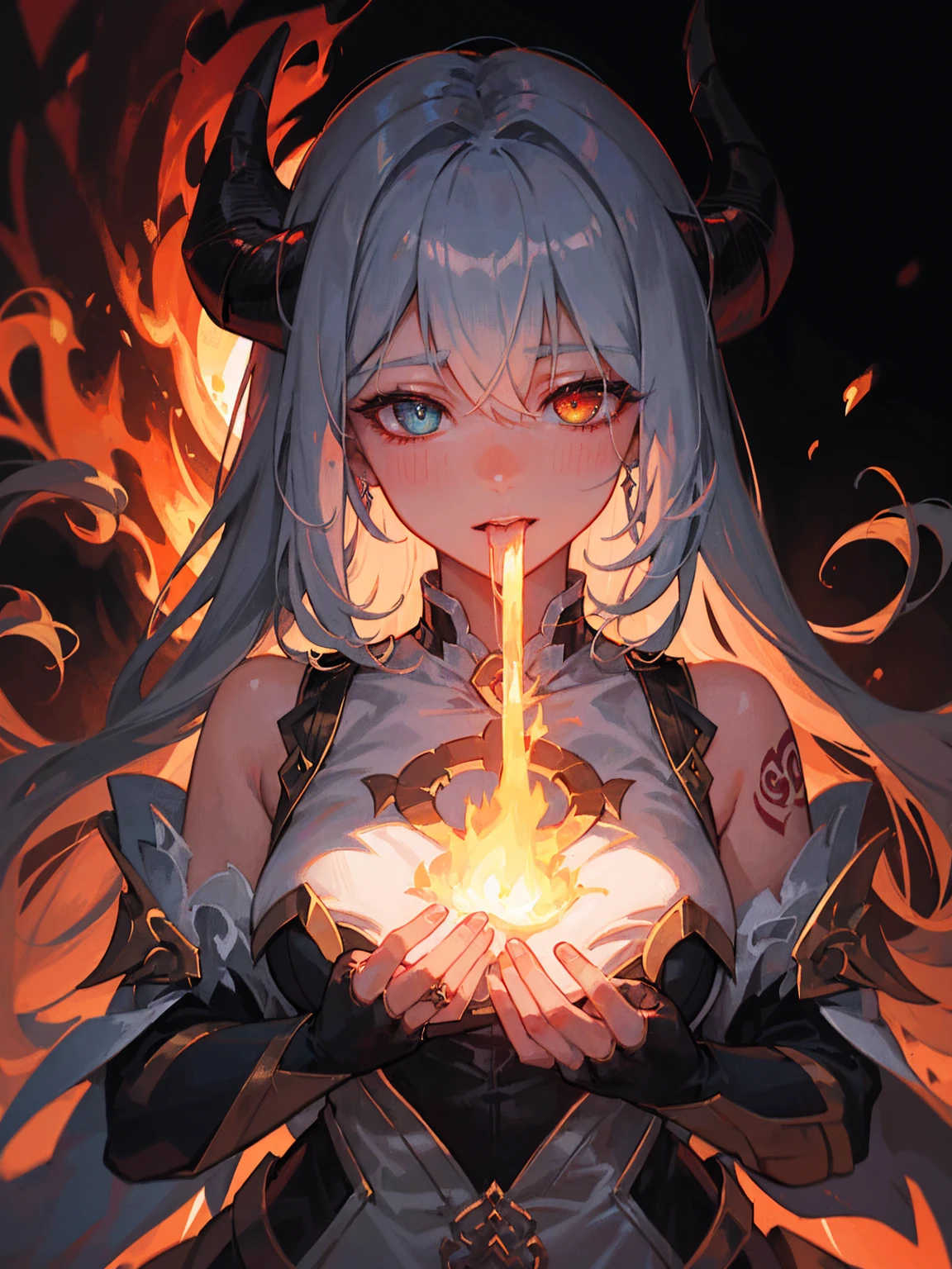 An outstanding painting of a beautiful white girl, flaming, surrounded by flames, burning hell, lava landscape, ashes, souls, demonic, diablo altar, fire girl style, the underworld, ghost knife style, fire-like hair, long red hair, (hair over one eye), (heterochromia), tatoo, huge tatoo, mouth wide open, one hand on mouth, burning dress, fire-like clothes, hell queen, demonic theme, (demon horns:1.3), Ultra HD, 8K, close-up head, facing camera, realistic digital painting portrait of a female human, 3r1nm0r1art72, cute smile, (wavy hair:1.1), (abstract, background:1.2), (light particle:1.1), (very detailed skin:1.2), (game concept:1.3), (elden ring style:1.3), (arcane style:0.8), (depth of field:1.3), global illumination, art by hoang lap and fuji hoko and artgerm and greg rutkowski and viktoria gavrilenko 