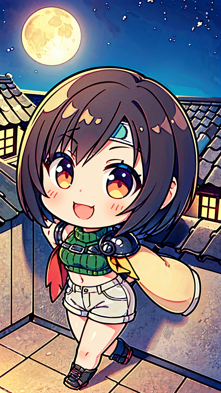 8K quality,(super masterpiece:1.3),Highest quality,Detailed Images,The real picture,Natural lighting,symmetrical beauty,1 female,Chibi Character,Yuffie Kisaragi,20-year-old,(微smile,smile,smile),Hairstyle(short hair),head band,turtleneck,No sleeve,Shorts,(very cute:1.3),background(On the roof,rooftop,night,full moon),(Face directly towards the camera,Looking directly at the viewer,looking at the camera,The body faces the viewer,The body is facing the direction of the camera,Face looking straight into the camera).
