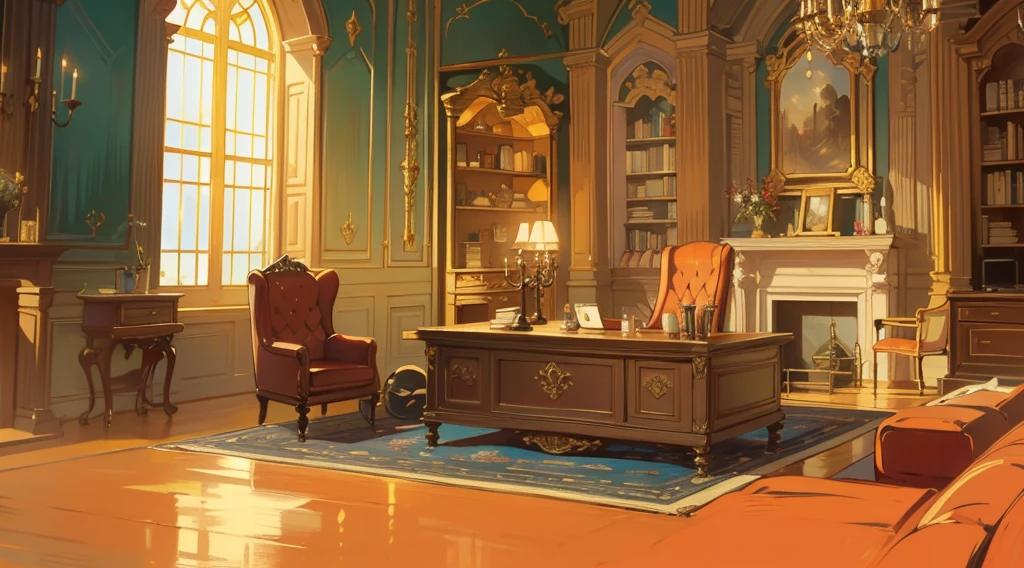 (best quality,masterpiece:1.2,detailed details,4k),Middle Ages, a gorgeous mafia boss's office,,Interior, victorian Manor with reliquies, (((Nigth))), (((moonligth enters the living room))) soft pale orange palette, soft secundary exterior ligth
