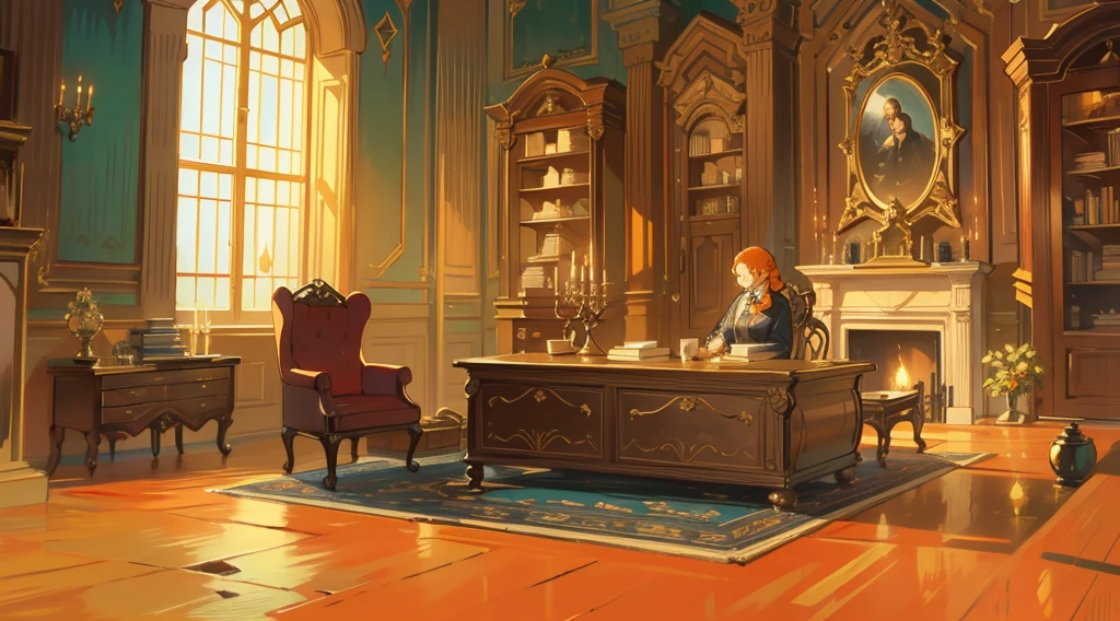 (best quality,masterpiece:1.2,detailed details,4k),Middle Ages, a gorgeous mafia boss's office,,Interior, victorian Manor with reliquies, (((Nigth))), (((moonligth enters the living room))) soft pale orange palette, soft secundary exterior ligth
