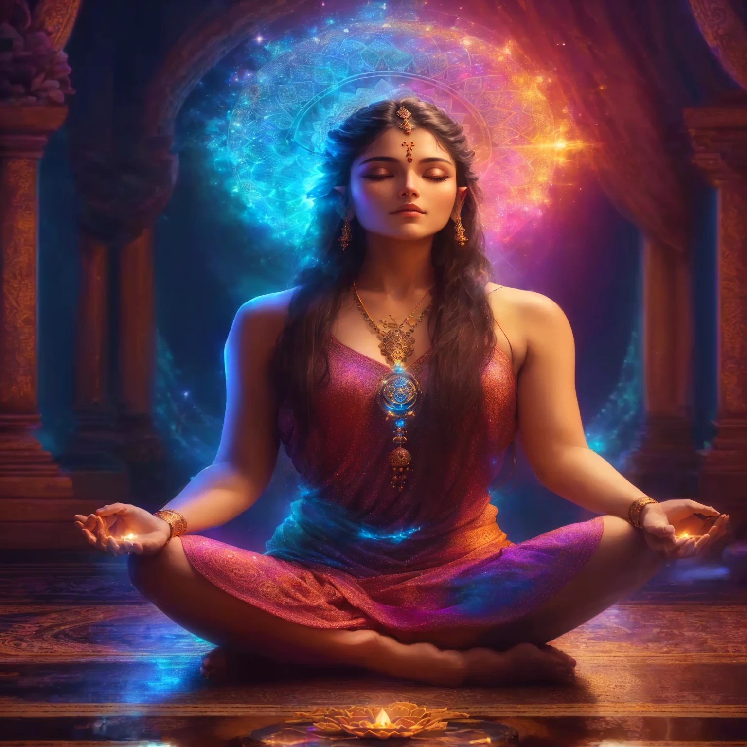 a back view of a woman sitting in a meditation position with a glowing light in her eyes, hindu stages of meditation, meditating in lotus position, elven spirit meditating in space, meditating pose, wearing psychedelic wicca, meditation pose, hindu aesthetic, lotus pose, indian goddess, sacred feminine, maya ali sorceress, yoga meditation pose