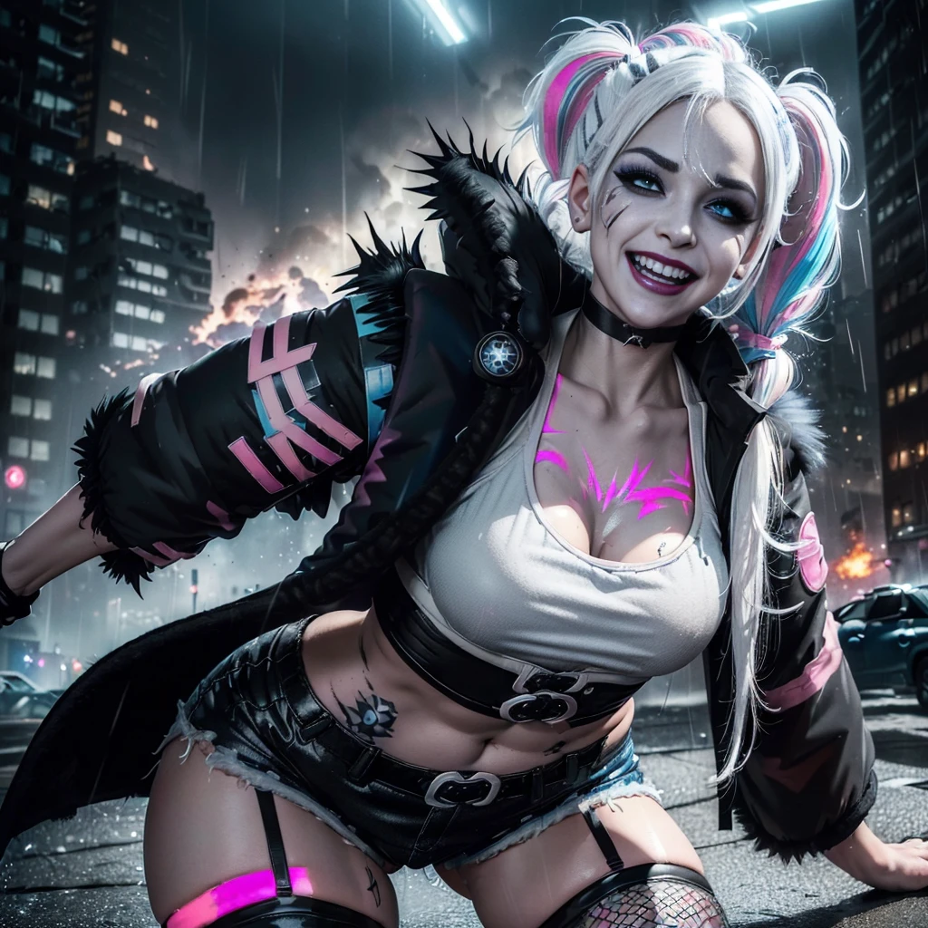 (8k,1080p,realistic skin texture,realistic,masterpiece, best quality,high-res,HDR:1.5), Harley Quinn,((crazy)),ear pendants,necklace,((white skin:1.2)),((tattoos:1.2)),((makeup:1.4)),((evil laughing:1.6)),parted lips,beauty,delicate face,beautiful face,perfect face,shiny skin,long eyelashes,(((smoky eyes,eye-shadow:1.3))),((twintails)),((white hair,blue pink white highlights hair:1.4)),(((black coat:1.6))),((white tank top:1.3,short shorts,fishnet thighs stockings:1.2))),(torn clothes:1.2),clawed hands, bright eyes,((black lipstick:1.5)),golden ratio body,gigantic breasts,slim waist,wide hips,bubble butt, ((in the Gotham city,ruined city,high detailed background:1.2)),((explosion everywhere:1.3)),(((warfire everywhere))),Helicopters flying in the sky,bright lighting,bright colors,film filter,alluring,(((stretching))),dynamic shot,((dirty on skin)),labret,close-up face,(rain),fierce wind