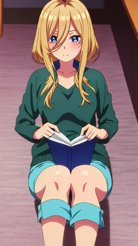 You can make a cute anime character with blonde hair and a green top and blue shorts and eyelashes