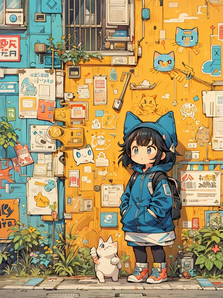 There is a cute  with a cat standing on a quiet city road, full of cute graffiti art, thick line art by Mr. Graffiti and Keith Haring, KleinBlue, stick shaped, young, cute, anthropomorphic, graffiti, Sharp illustrations, MBE illustrations, thick lines, a mix of garbage style patterns, text and emoji symbolically