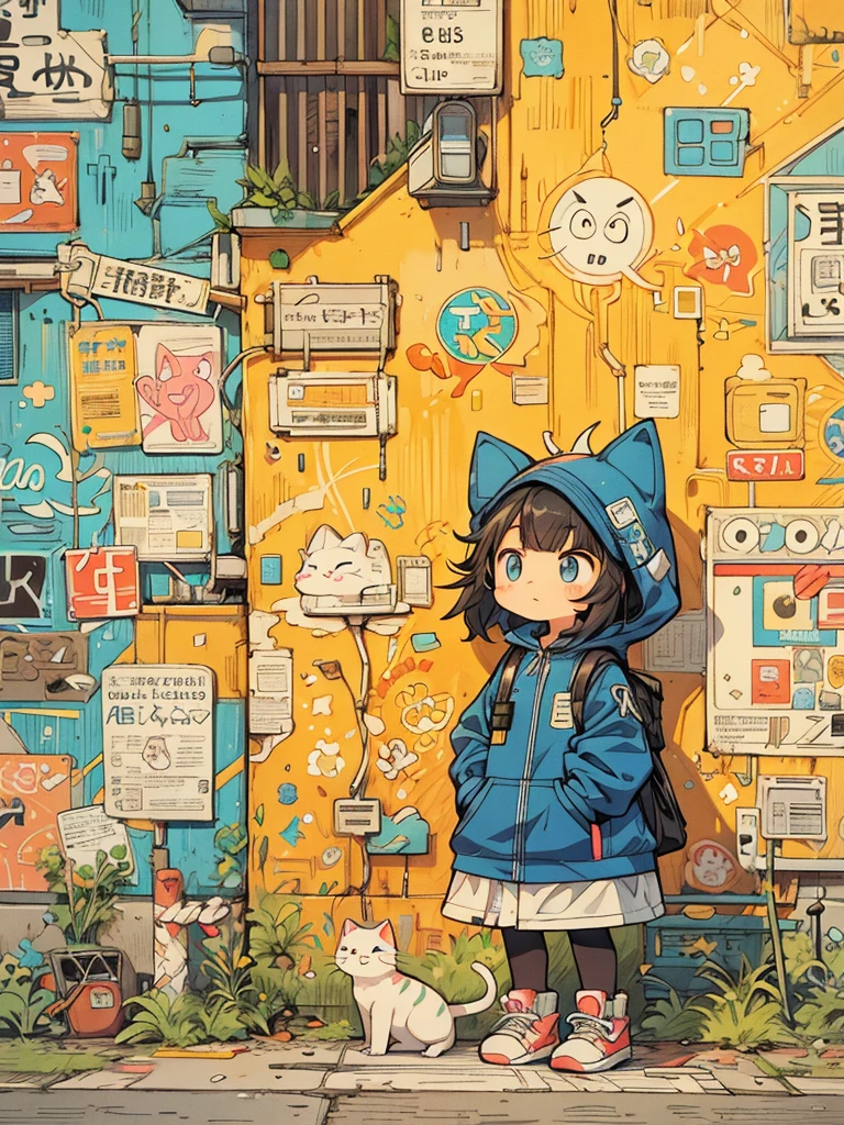 There is a cute with a cat standing on a quiet city road, full of cute graffiti art, thick line art by Mr. Graffiti and Keith Haring, KleinBlue, stick shaped, young, cute, anthropomorphic, graffiti, Sharp illustrations, MBE illustrations, thick lines, a mix of garbage style patterns, text and emoji symbolically