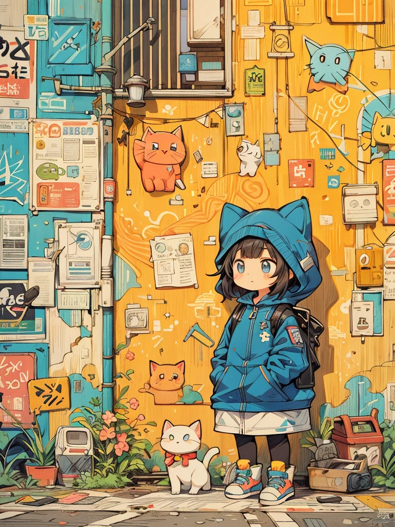 There is a cute with a cat standing on a quiet city road, full of cute graffiti art, thick line art by Mr. Graffiti and Keith Haring, KleinBlue, stick shaped, young, cute, anthropomorphic, graffiti, Sharp illustrations, MBE illustrations, thick lines, a mix of garbage style patterns, text and emoji symbolically