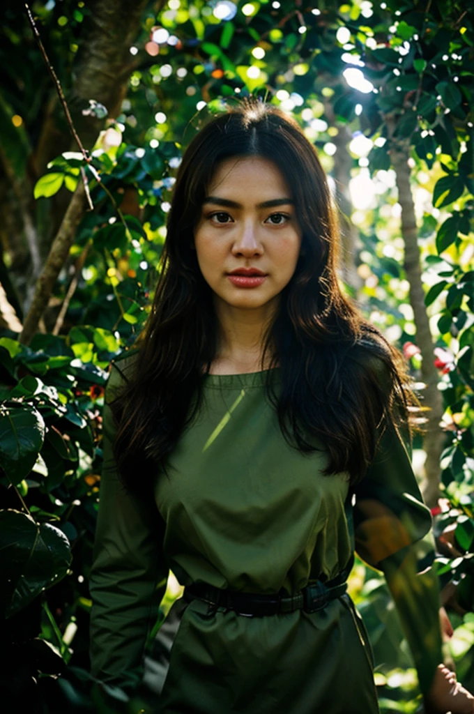 beautiful Indonesian woman, wearing an army camouflage uniform, The woman must have long brown hair and be positioned as if she is carrying out a surveillance mission, at one with the natural surroundings.
, forest, campsite, nice hands, perfect hand anatomy, standing in a dense forest with sunlight filtering through the leaves.
by Stanley Artgerm Lau, Greg Rutkowski, Alphonse Mucha, Beautiful dynamic dramatic dark moody lighting, shadows, cinematic atmosphere, Artstation, concept design art, Octane rendering, 8K