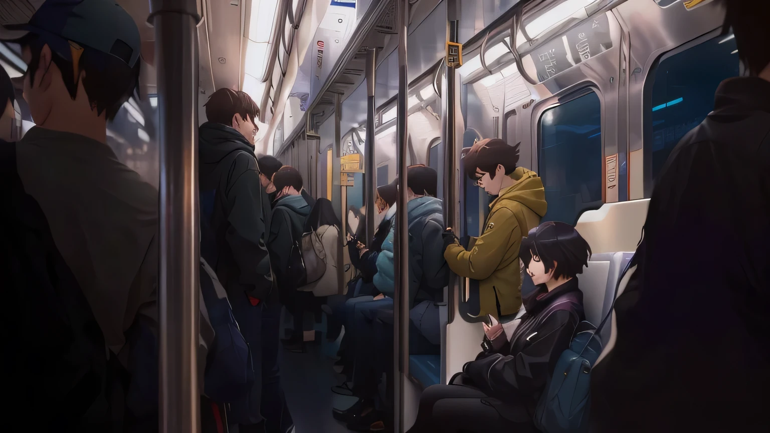 people are riding on a subway train with their backs to the camera, tokyo anime scene, in style of makoto shinkai, style of makoto shinkai, guweiz and makoto shinkai, ( ( makoto shinkai ) ), makoto shinkai. —h 2160, makoto shinkai style, makoto shinkai!