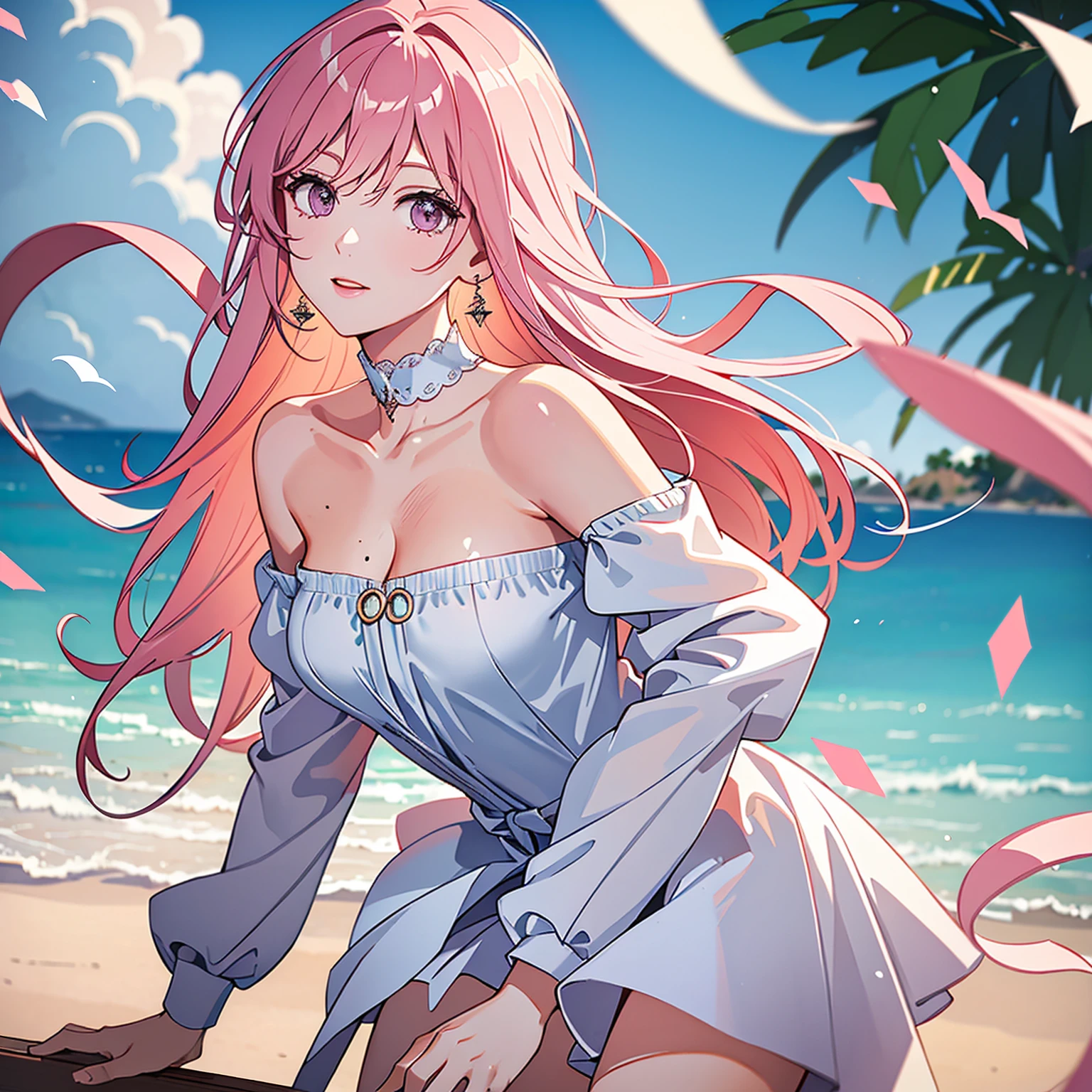 (masterpiece, high quality, best quality, 4k, 8k:1.4), 1girl, solo, pink hair, brown eyes, double-parted bangs, long hair, (mature female, mature:1.2), mole under eye, earrings, strap white and red dress, detailed face, beautiful detailed eyes, beautiful detailed lips, extremely detailed face, long eyelashes, intricate details, soft lighting, soft color pallette, perfect anatomy