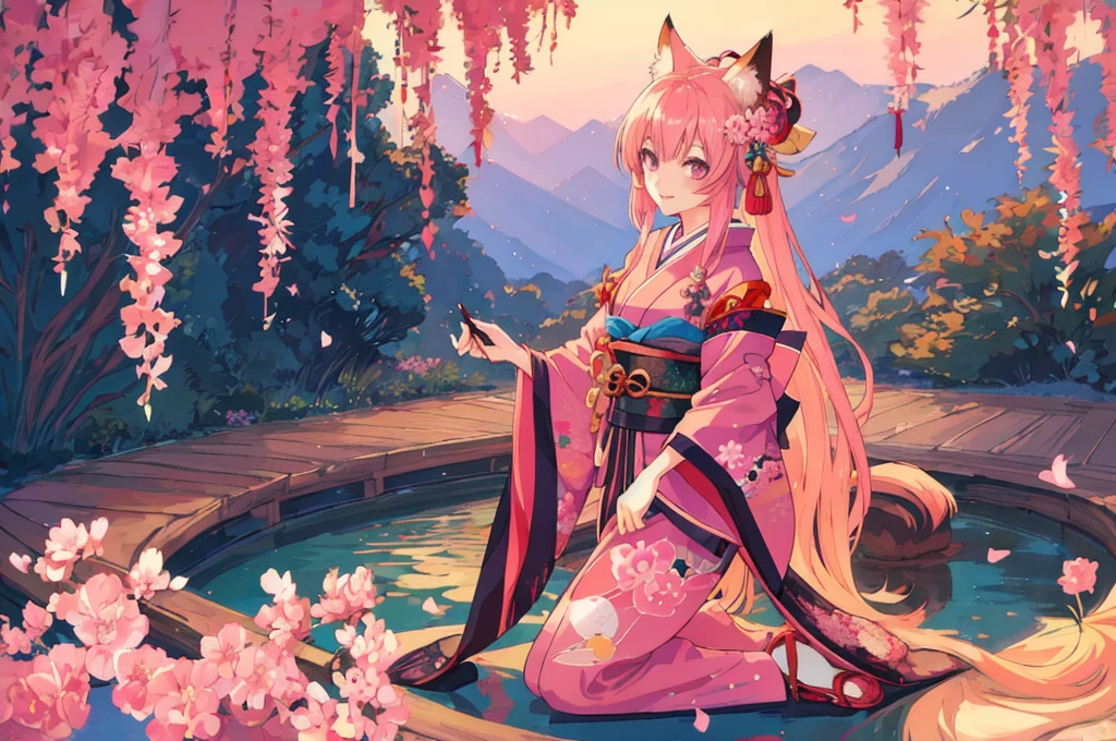 scg, 1girl, (anime:1.3), absurdly long hair, fox ears, fox tail, facepaint, makeup,
kimono, japanese clothes, pink kimono
(best quality:1.05), (masterpiece:1.1025), (highres:1.05), (an extremely delicate and beautiful:1.05), original, extremely detailed wallpaper,1girl