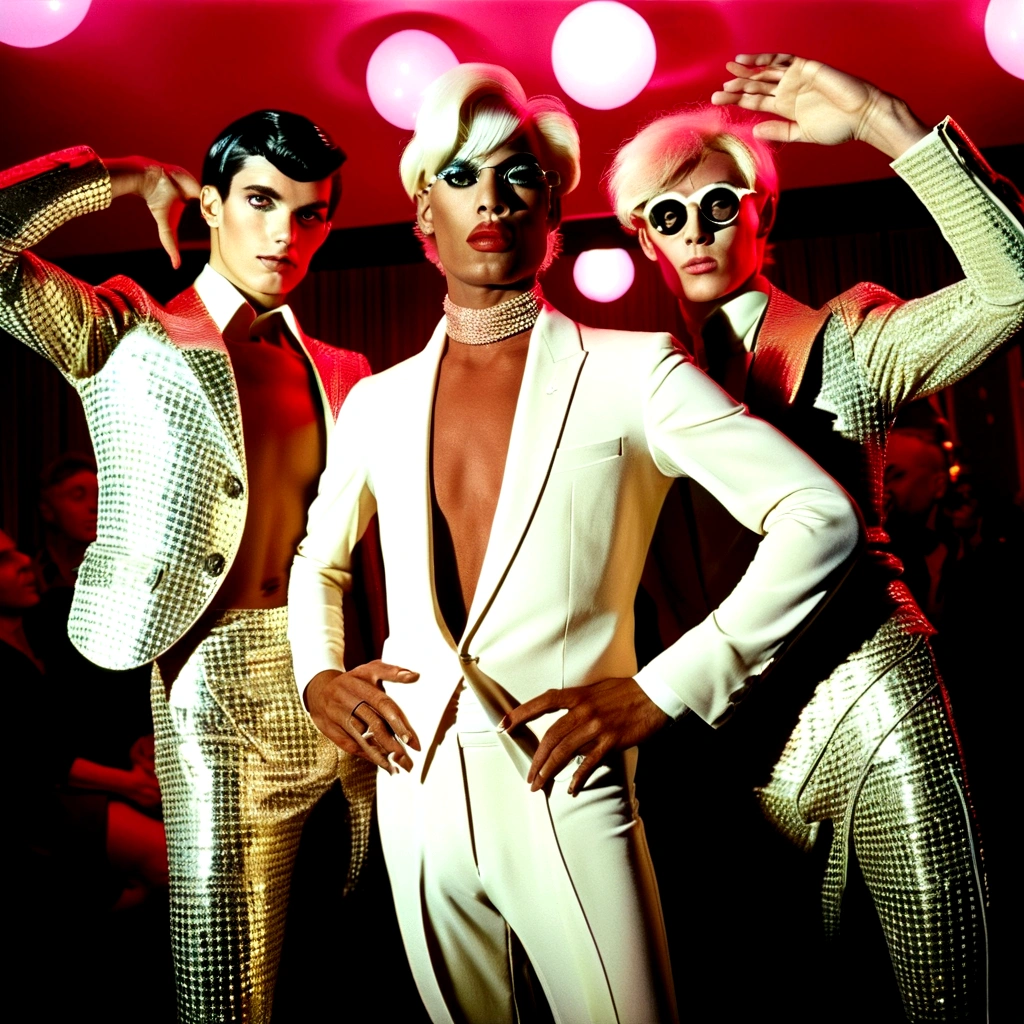 andy warhol photo a suit, studio 54, 3boys wearing jockstrap, cropped top shirt, gogo boys, lights, surrealism, drag queen, retro futurism