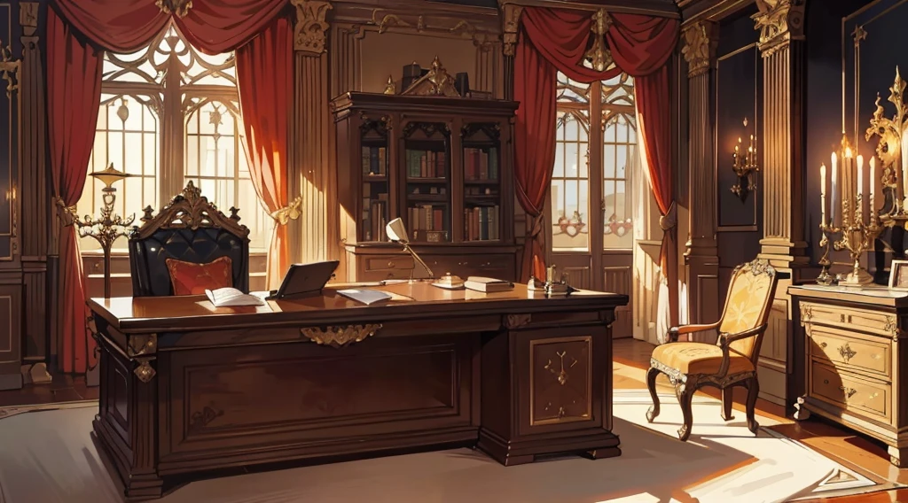 (best quality,masterpiece:1.2,detailed details,4k),Middle Ages, a gorgeous mafia boss's office,,Interior, victorian Manor with reliquies, (((Nigth))), (((moonligth enters the living room))) soft pale orange palette, soft secundary exterior ligth,Looking up
